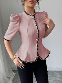 Elenzga 优雅撞色滚边泡泡袖收腰上衣，夏季 - 粉色 - 查看 3