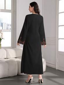 SHEIN Najma 女士花卉、植物和几何图案数码印花V领长袖优雅阿拉伯风格连衣裙，适合春秋季节穿着，款式包括束腰连衣裙、刺绣连衣裙和波西米亚风长袍。 - 彩色 - 查看 2