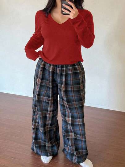 Dazy Plus Solid Color V-Neck Long Sleeve Top & Plaid Pants Pajama Set