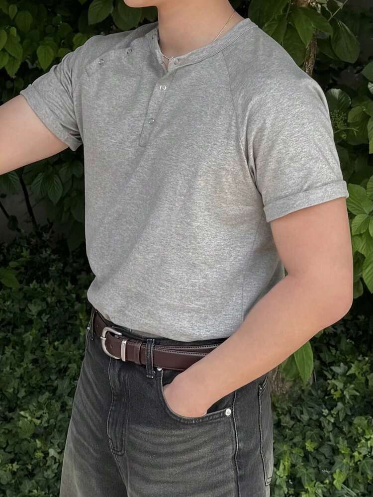 Men's Solid Gray Double Placket Design Street Style T-Shirt, Summer