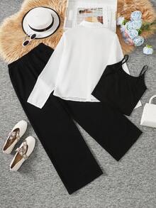SHEIN 3 PiecesElegant Outfit For Teen Girls: Black & White Sheer Shirt, Camisole, And Wide Leg Pants - Black and White - View 2