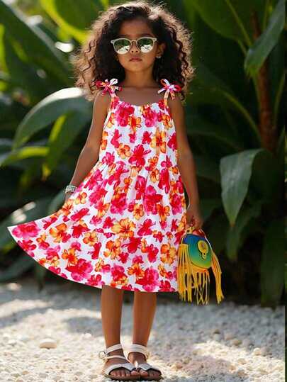 Young Girl Tropical Vacation Ruffle Hem Bow Decor Dress, Summer, Travel Vacation Beach Dress