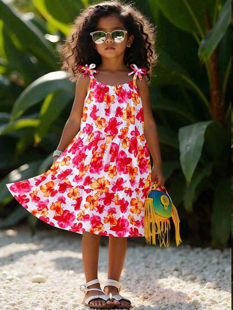 Young Girl Tropical Vacation Ruffle Hem Bow Decor Dress, Summer, Travel Vacation Beach Dress - Multicolor - View 3