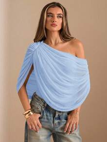 SHEIN BAE 秋冬季纯色棕色/咖啡色褶皱修身优雅连体衣，紧身显瘦连体衣，垂褶上衣 - 淺藍色 - 查看 4