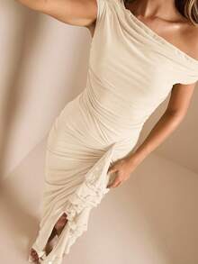 SHEIN BAE Solid Color Elegant Green Date & Sage Green Ruffled Neck Tie Sleeve Pleated Ruffle Hem High Slit Asymmetric Shoulder Gathered Dress Luxurious Women's Lace Bodycon Dress, Party Dress, Romantic Date Dress, Bridesmaid Mini Dress, Prom Dress, Birthday Mini Dress - Apricot - View 3