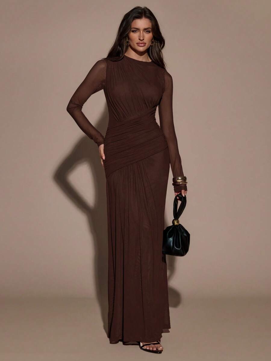 SHEIN BAE Đầm cổ tròn phối lưới thanh lịch dành cho nữ, thích hợp cho mùa thu. - Cà phê nâu - Xem 1