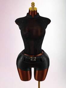 Amplova 女士薄纱花卉上衣，性感露背设计，立领，性感撩人 - 黑色 - 查看 5