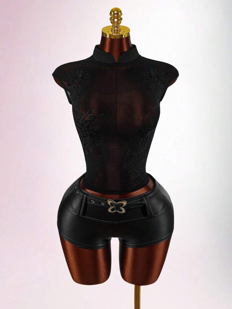 Amplova Women's Sheer Mesh Floral Blouse, Sexy Backless Design, Stand Collar, Revealing, Sensual - Black - View 5