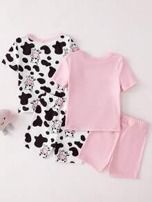 SHEIN Conjunto de 4 piezas de ropa interior para bebé niña con estampado de vaca de dibujos animados, top de manga corta y pantalones cortos - Multicolor - Ver 2