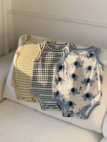 SHEIN 3pcs Newborn Baby Unisex Clothes, Cute Knitted Striped Cartoon Elephant Print Rompers, Summer Basic Bodysuit Outfit Set - Multicolor - View 3