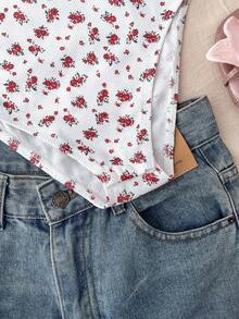 SHEIN 少女碎花泡泡袖荷叶边休闲连体裤 - 紅白色 - 查看 6