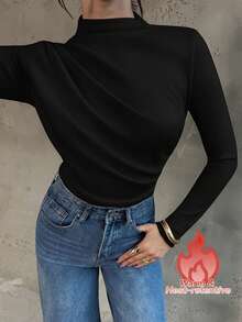 Firerie Women's New Design Sense Mock Neck Long Sleeve T-Shirt, Fashionable And Elegant Fitted Undershirt For Autumn/Winter, Side Slit Casual Top, Coffee Color Long Sleeve T-Shirt, Knitted Stretchy Fabric Top, Suitable For Spring, Autumn And Winter, Elegant, Commute, Casual, Daily, Minimalist, Work Wear - Black - View 1