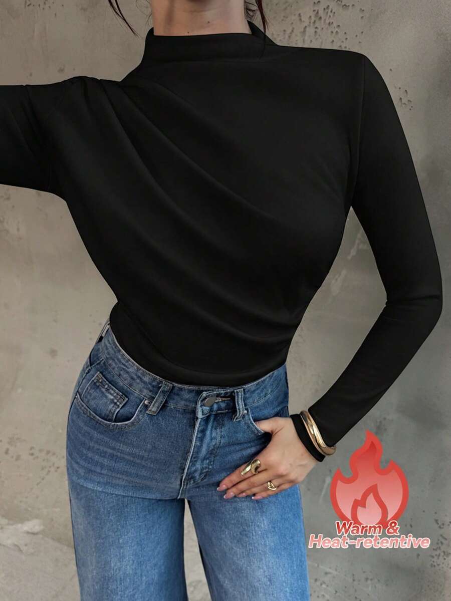 Firerie Women's New Design Sense Mock Neck Long Sleeve T-Shirt, Fashionable And Elegant Fitted Undershirt For Autumn/Winter, Side Slit Casual Top, Coffee Color Long Sleeve T-Shirt, Knitted Stretchy Fabric Top, Suitable For Spring, Autumn And Winter, Elegant, Commute, Casual, Daily, Minimalist, Work Wear - Black - View 1