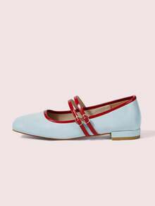 CUCCOO DOLLMOD 女士红色格子玛丽珍鞋，平底方头，校园风日系可爱低跟鞋，春季鞋款，春假复活节圣诞节适用。 - 淺藍色 - 查看 7