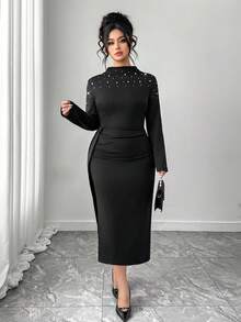 Elenzga 大码优雅修身珍珠装饰长袖连衣裙 - 黑色 - 查看 8