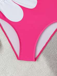 SHEIN 1pc Tween Girls Casual Side Hollow Design White Floral One-Piece Swimsuit - Hot Pink - View 6