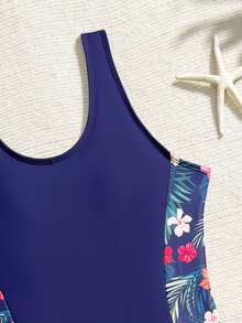 SHEIN 少女连体泳衣，黑色碎花连体泳裤，时尚休闲优雅淑女风设计，适合游泳、度假、夏季海滩、泳池等场合。 - 藏蓝色 - 查看 4