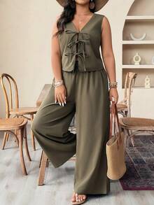Weeklong Conjunto de 2 piezas de talla grande de unicolor, con cordones, sin mangas, casual, con diseño hueco, cómodo y versátil para el verano - Verde militar - Ver 8