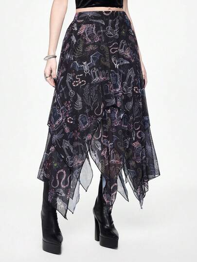 ROMWE Dark Forest Gothic Thorns Cross Vine Snake Skin Print Asymmetrical Hem Double Layer Skirt