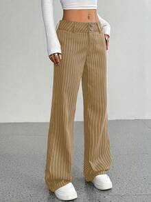 SHEIN Unity 女士腰部纽扣设计条纹阔腿休闲裤 - 摩卡棕 - 查看 3