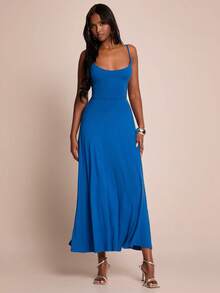 SHEIN BAE Women's Sleeveless Solid Navy Blue Dress With Ruffle Hem, Suitable For Vacation, Beach, Elegant Wedding Guest Attire - Blue - View 5