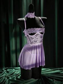 SpicyHot 3pcs Set: Lace Hollow-Out Underwire Sexy Nightgown + G-String + Eye Mask - Purple - View 6