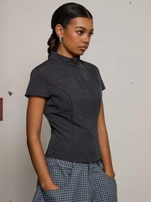 COUREZ Cap Sleeve Nylon Techy Top /Y2K Spring Clothes For Women Street Streetwear Cute Going Out Outfits Casual Top Party Rave Summer Top Summer Outfits - Dark Grey - View 5