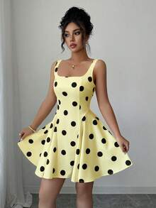 Elenzga 方领黑色波点优雅短裙 - 淡黃色 - 查看 6