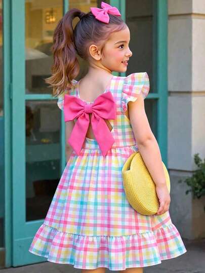 Vintaside Kids Vestido casual y elegante para niñas con estampado floral, cuello redondo, mangas con volantes, espalda hueca, lazo decorativo en la cintura, y dobladillo con volantes, adecuado para vacaciones y viajes, verano