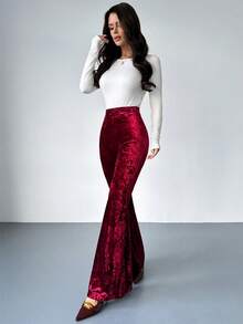 Firerie 女士新款优雅休闲通勤时尚百搭高腰修身天鹅绒喇叭裤，酒红色，适合秋冬季、机场、教师、办公室、舒适秋季、圣诞节、新年等场合。 - 酒紅色 - 查看 9