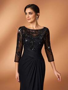 Serin 优雅奢华的珍珠亮片刺绣蕾丝贴花薄纱袖针织网纱荷叶边鱼尾连衣裙，适合婚礼、派对、节日、新娘、新娘母亲、晚礼服等场合。 - 黑色 - 查看 2