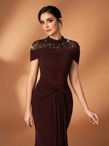 Serin 优雅奢华的菱形图案薄纱拼接弹力针织褶皱袖鱼尾裙，适合婚礼、派对、度假、舞会、新娘母亲晚礼服 - 酒紅色 - 查看 5