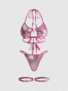 ROMWE Grunge Punk 4件套暗黑朋克音乐节明星系带文胸、丁字裤、吊袜带性感内衣套装 - 粉色 - 查看 1