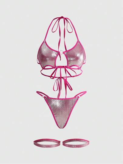 ROMWE Grunge Punk 4pcs/Set Dark Punk Music Festival Star Lace-Up Bralette, Thong Panty, Leg Garter Sexy Lingerie Set