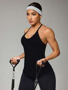 Seamluxe SHEIN Sport 女式纯色日常健身挂脖背心 - 黑色 - 查看 5