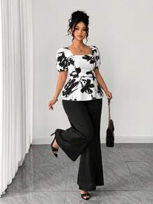 Elenzga Fashionable Casual French Retro Elegant Commuter Generous Collar Print 2 Pieces Set - Black and White - View 1