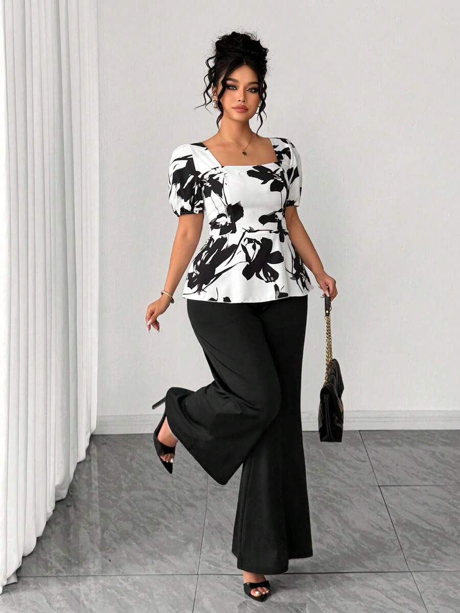 Elenzga Fashionable Casual French Retro Elegant Commuter Generous Collar Print 2 Pieces Set - Black and White - View 1