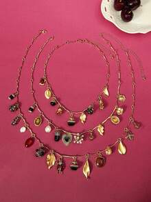 Glisma 1pc Vintage Multilayer Pendant Necklace With Insect, Leaf, Heart, Geometric Chain Charm Design - Layered Necklace - View 2