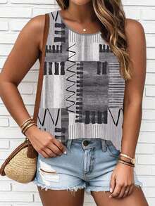 Plus Size Patchwork Printed Casual Crew Neck Sleeveless Top, Daily Wear Women Graphic Tee Top For Summer - Black and White - View 3