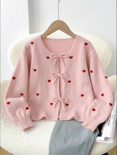 SHEIN Frenchy Women's Casual Elegant Knitted Cardigan, Suitable For Valentine's Day, Heart Embroidery