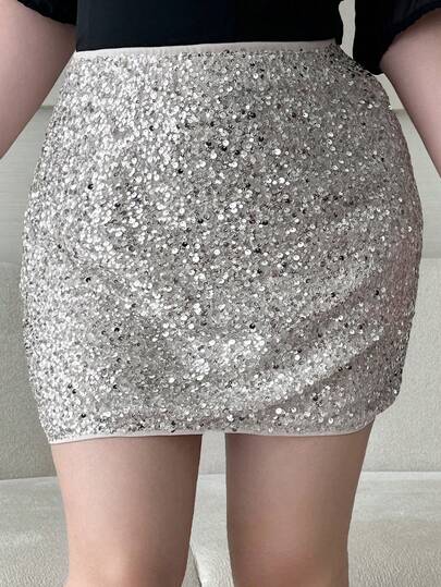 Dazy Plus Plus Size Sequin Wrap Mini Skirt For Women, Suitable For Party & Dates, Spring/Summer
