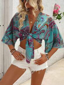 Breezaya 女士波西米亚风印花长袖系带上衣 - 綠色 - 查看 3