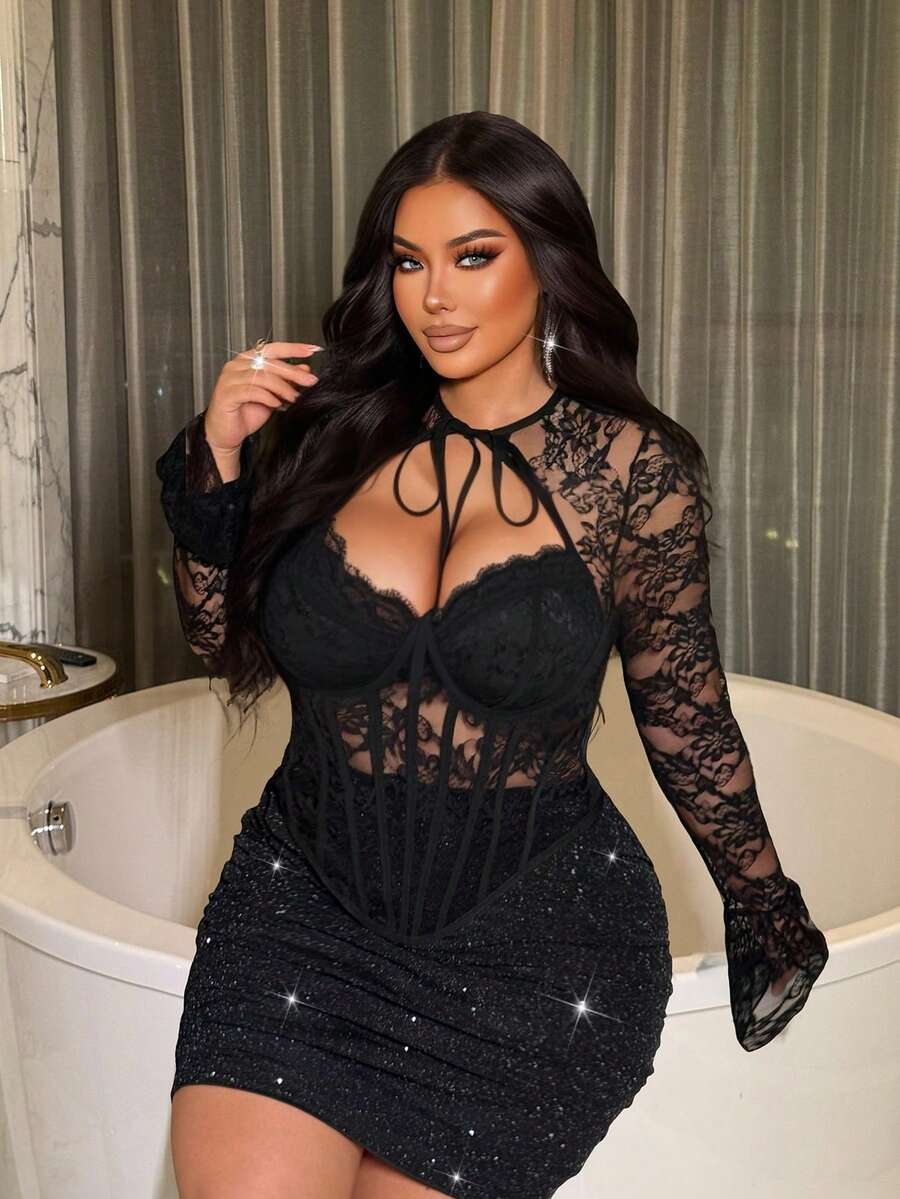 NU&NOW 女士浪漫、高端、休闲、年轻、时尚、奢华黑色蕾丝性感针织弹力修身长袖衬衫，简约百搭，适合通勤和日常穿着，春、秋、冬三季皆宜。 - 黑色 - 查看 1