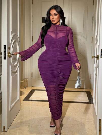 NU&NOW 大码女装两件套：喇叭袖褶皱网纱透视长袖连衣裙和纯色吊带连衣裙，性感派对生日礼服