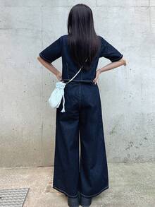 FRIFUL Women's Square Neck Short Sleeve Single-Breasted Top And Wide-Leg Jeans Casual Suit - Blue - View 2