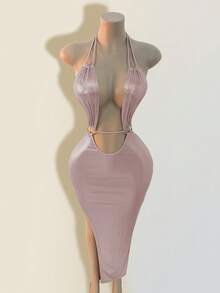 Mistrie 度假海滩性感纯色露背吊带裙 - 淺粉色 - 查看 4