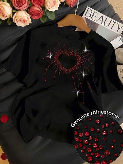 Resyla Maglietta casual a maniche corte da donna con scollo rotondo e decorazione a cuore di strass