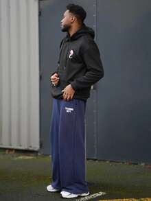 Heavens Edit 男士休闲街头鲤鱼莲花印花口袋抽绳连帽衫，保暖内衬，秋冬季长袖上衣 - 黑色 - 查看 1