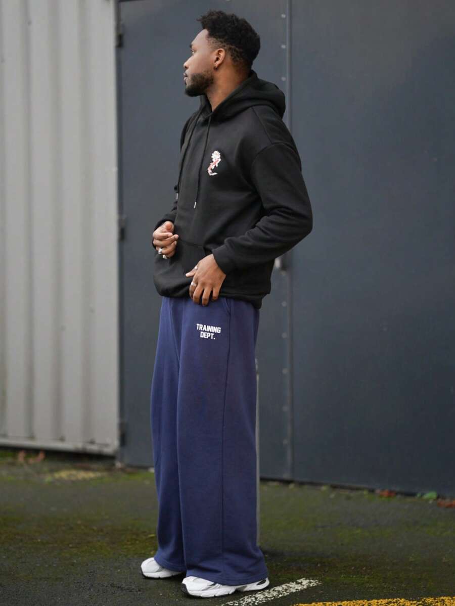 Heavens Edit 男士休闲街头鲤鱼莲花印花口袋抽绳连帽衫，保暖内衬，秋冬季长袖上衣 - 黑色 - 查看 1