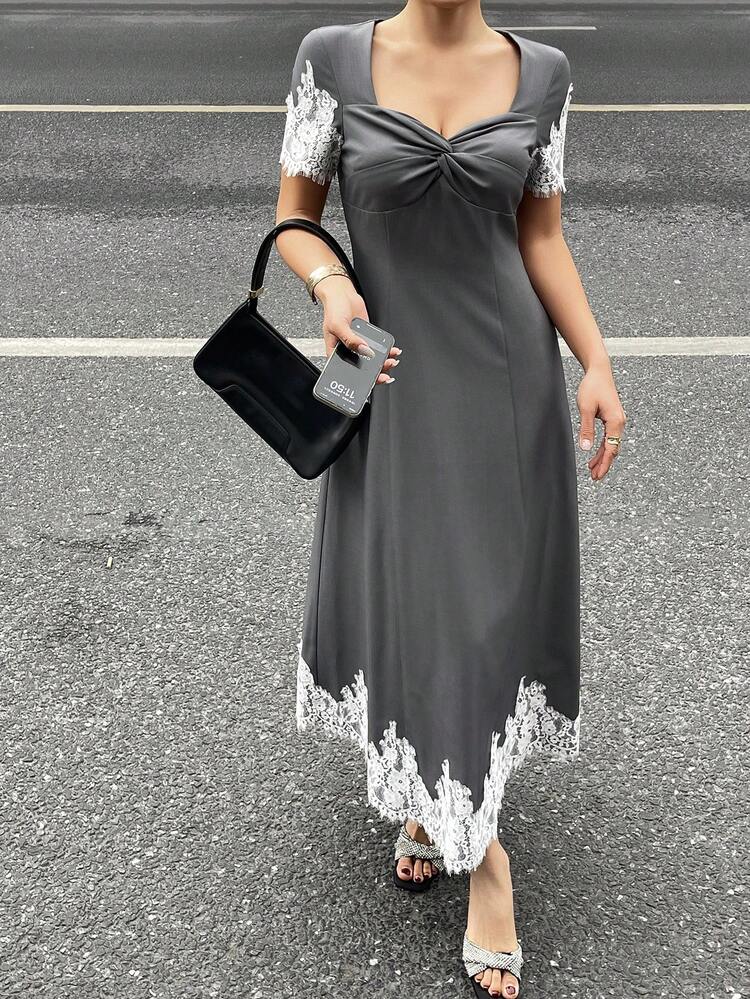 Women's Sweetheart Neck Twist Knot Contrast Lace Short Sleeve Elegant Dress Sundress Summer